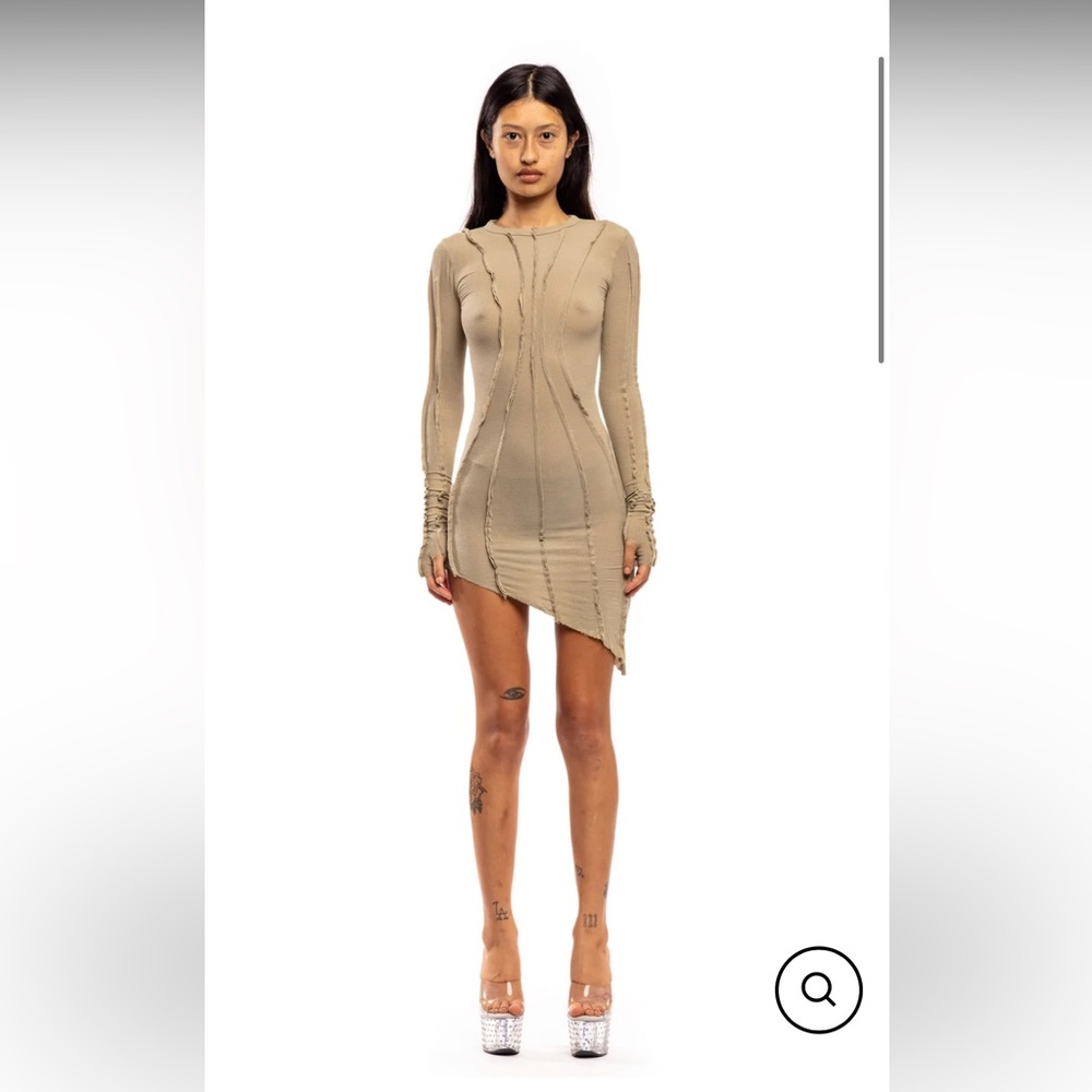 SAMI MIRO ASYMMETRIC LONG SLEEVE MINI DRESS IN TAUPE RIB